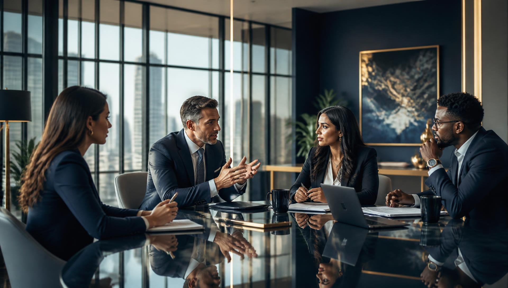 Executive professionals collaborating in a modern boardroom